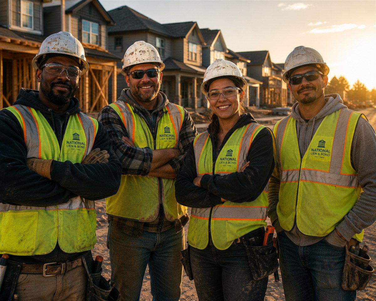 Subcontractor crew standing together in front of new homes under construction at golden hour