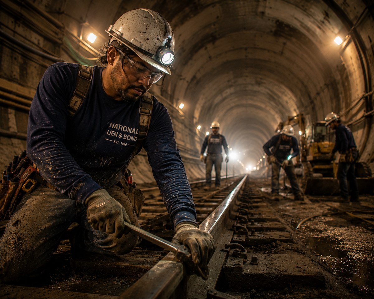 Track crew wrenching rail inside a lit transit tunnel, the federal projects where the Miller Act payment bond protects subcontractors and suppliers