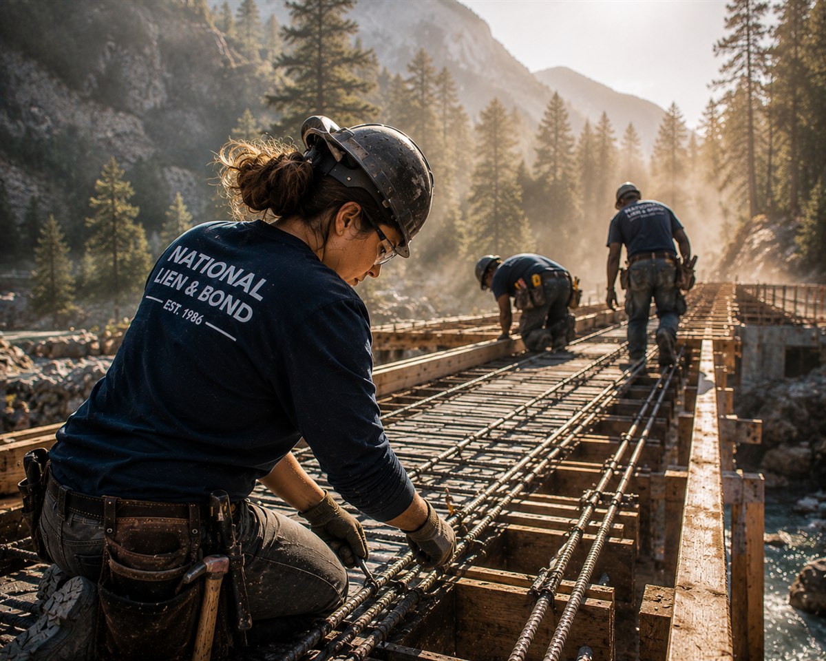 Rebar crew tying a bridge deck above a mountain river, the state public works projects covered by the Little Miller Act