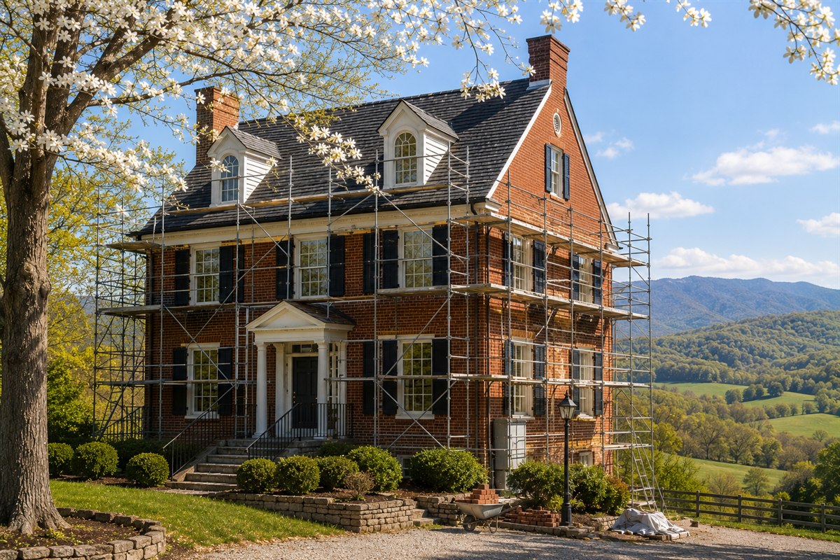 Brick colonial Virginia home wrapped in renovation scaffolding, dogwoods blooming and the Blue Ridge countryside rolling behind