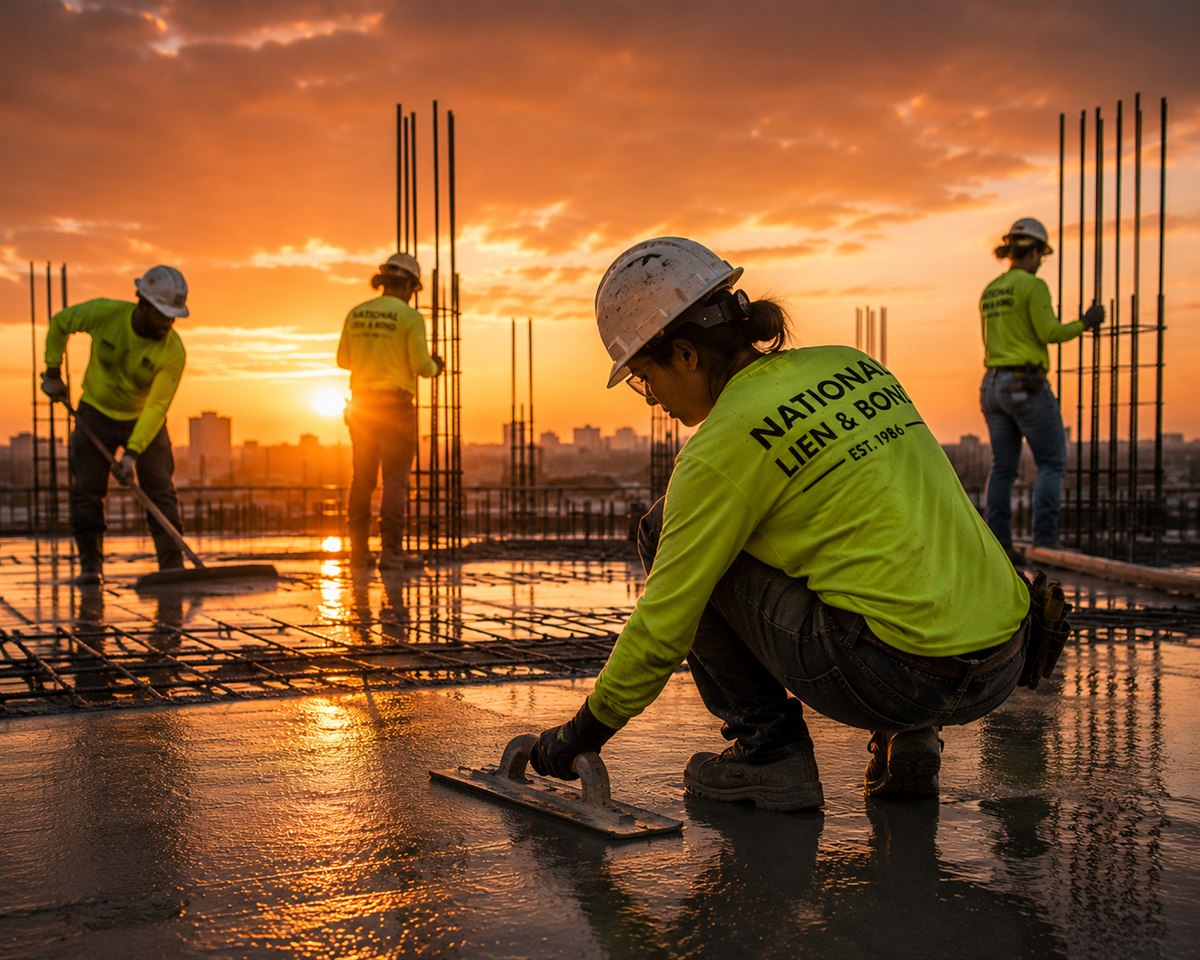 Concrete crew troweling and screeding a rooftop slab at sunset among rebar dowels, finishing the last work held against retainage