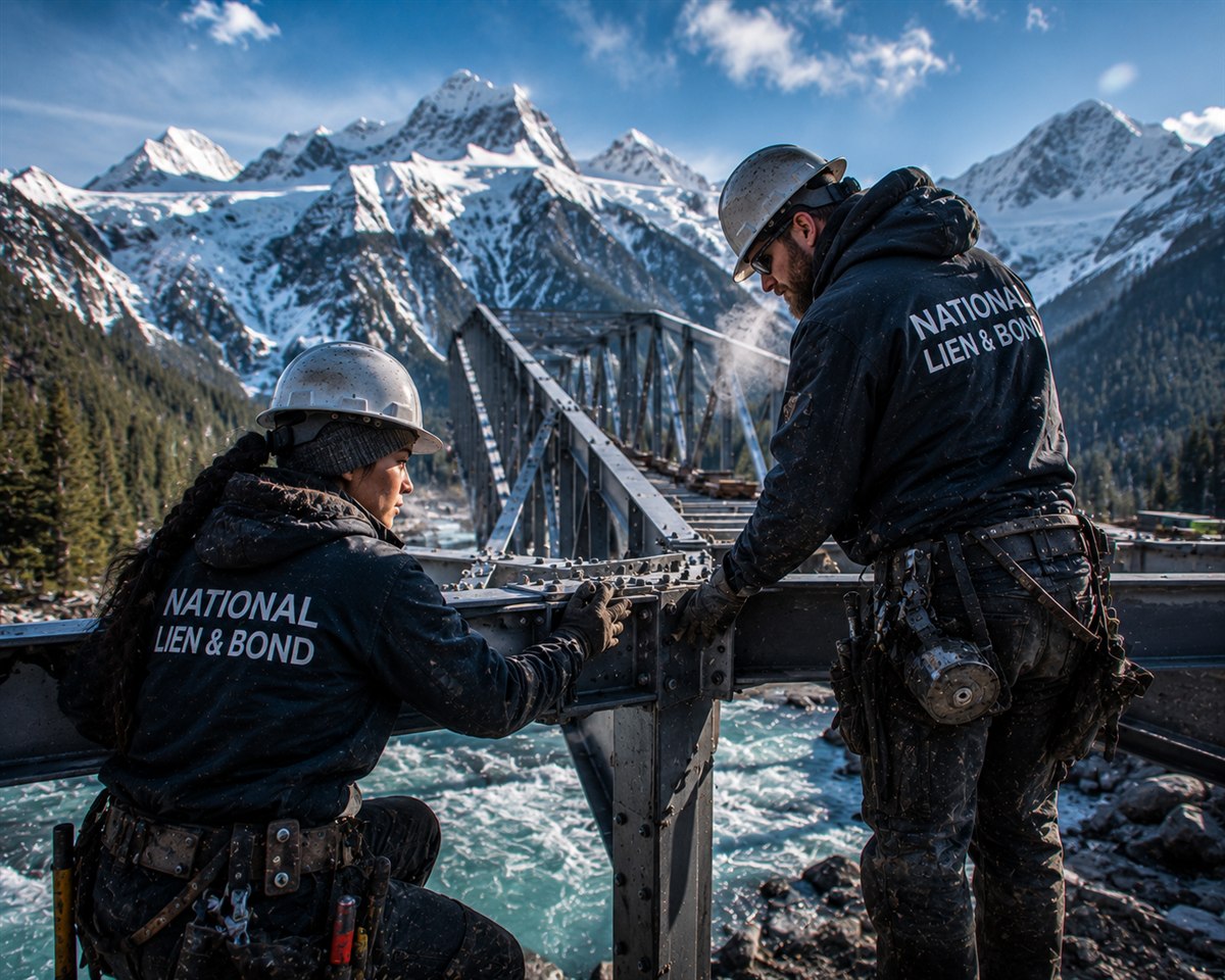 Ironworkers bolting a steel truss bridge over a glacial river in the high mountains, enforcing lien and payment bond deadlines across Canada and its provinces