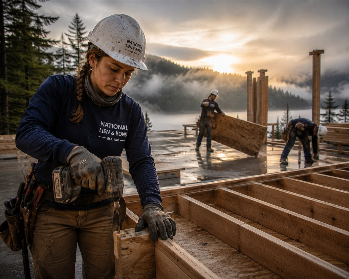 Framing crew building a lakeside home in Pacific Northwest mist, the jobs governed by Washington state lien laws