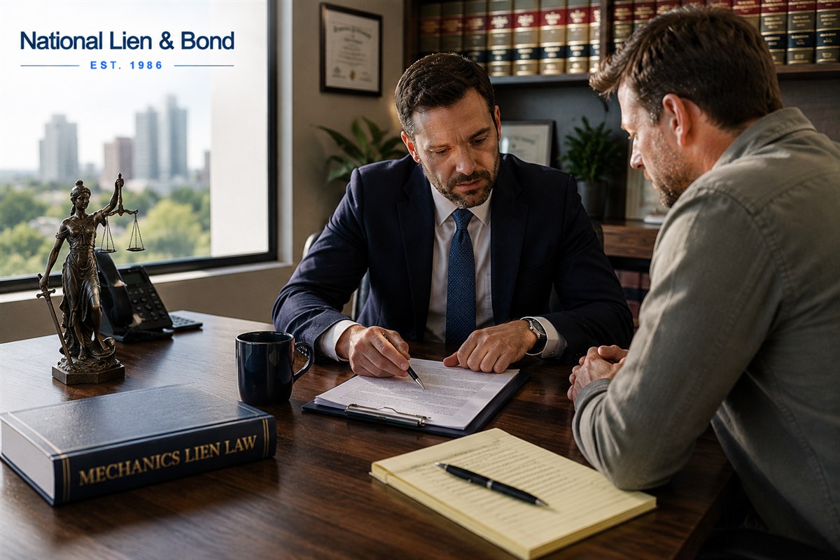 Mechanics lien lawyer reviewing a lien claim with a contractor client, mechanics lien law book and scales of justice on the desk