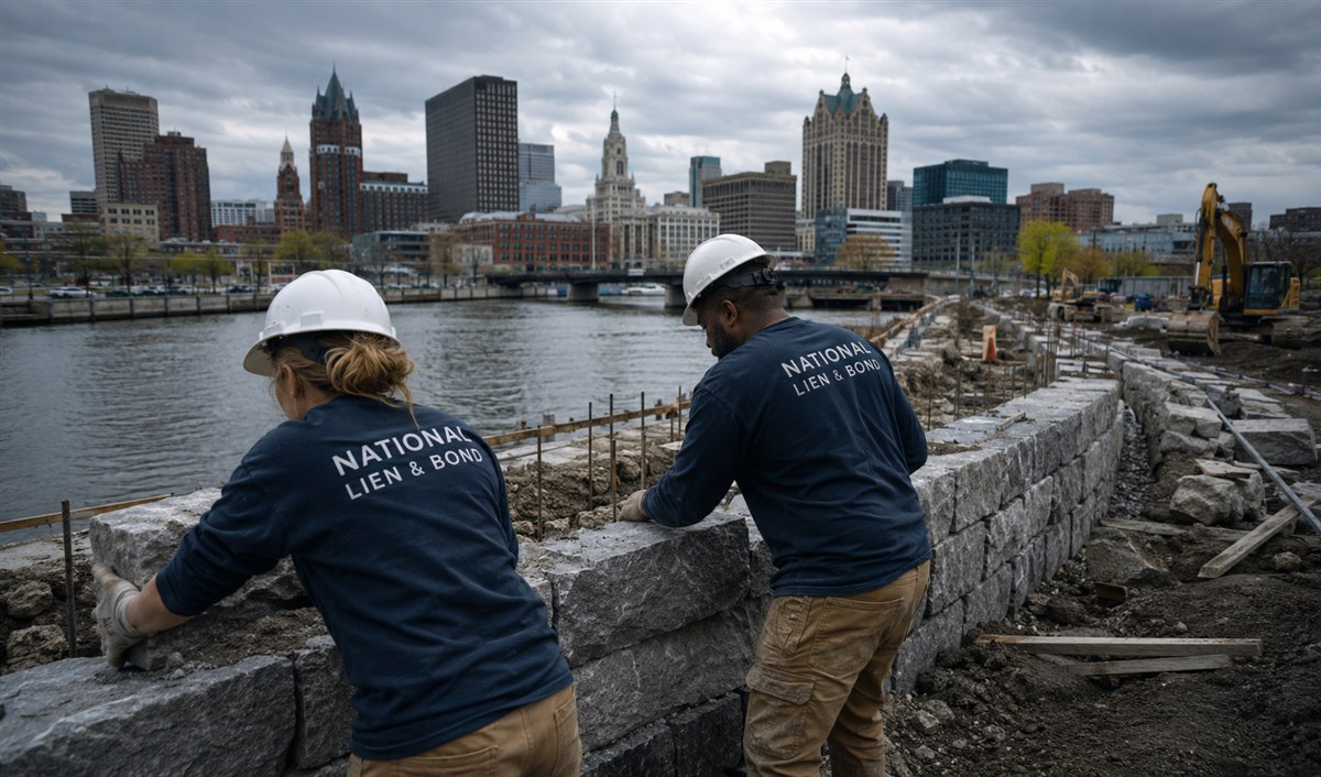 Two masons setting a riverwalk stone wall block by block along the city river, each finished course like a partial waiver on progress payments