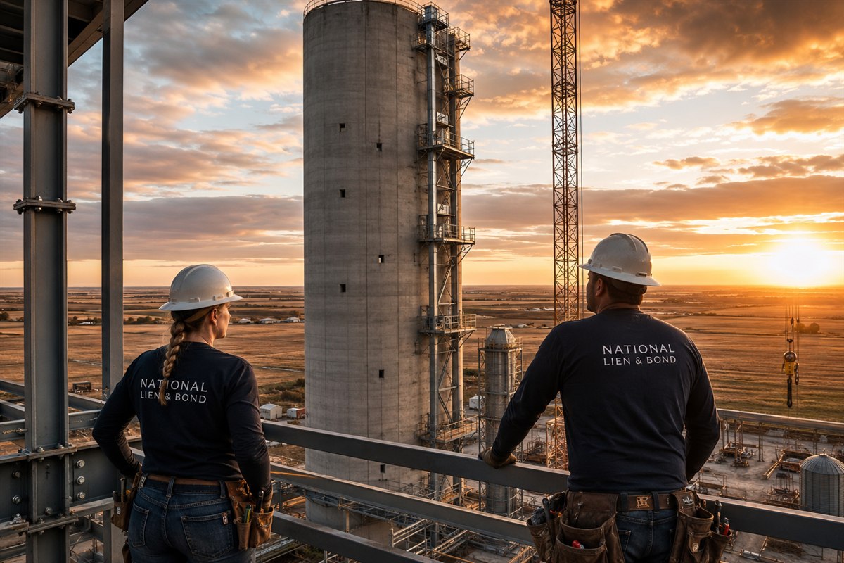 Crew leaning on the rail above a grain silo jobsite with tools down, work paused the way a stop notice freezes the money until payment moves