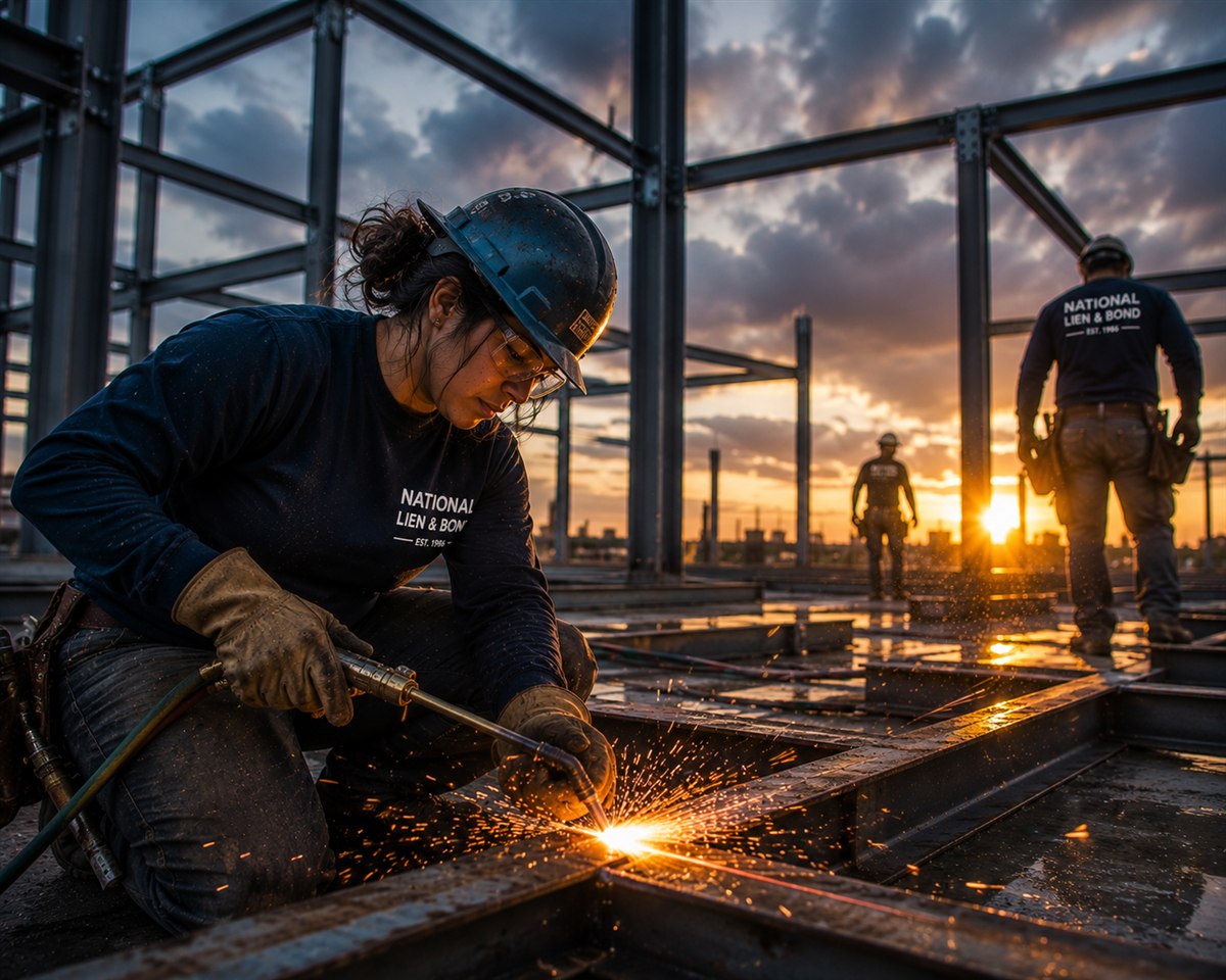 Torch cutter throwing sparks on structural steel at sunset, the heat of construction litigation when disputes ignite