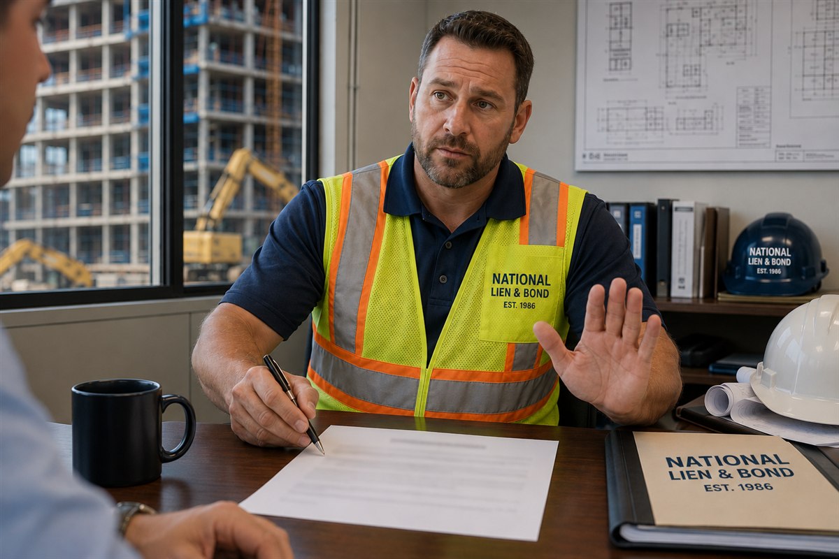 Contractor at his desk with pen in hand and the other palm raised in a wait gesture over the unsigned lien waiver
