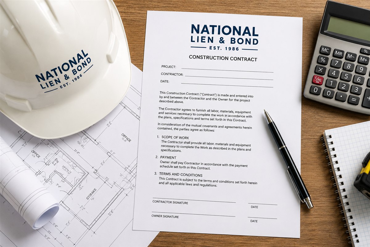 Blank construction contract laid out with blueprints, hard hat and calculator, ready to be used as a payment tool